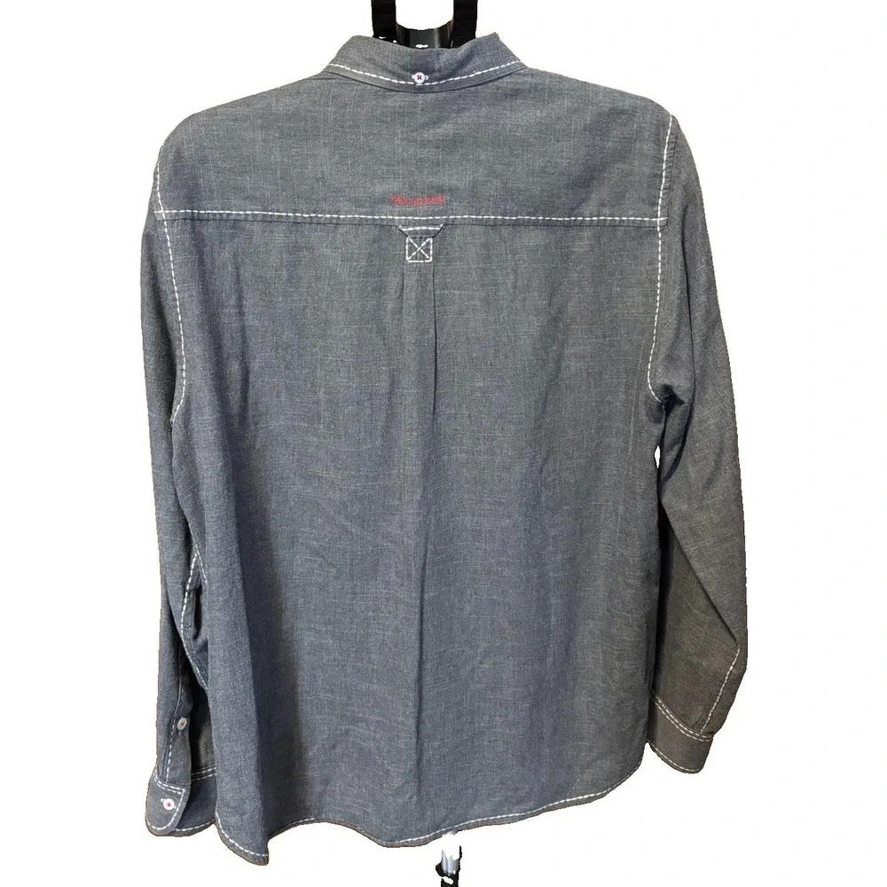 True Religion Mens 2XL Gray Chambray Contrast Stitch Button Up Long Sleeve Shirt